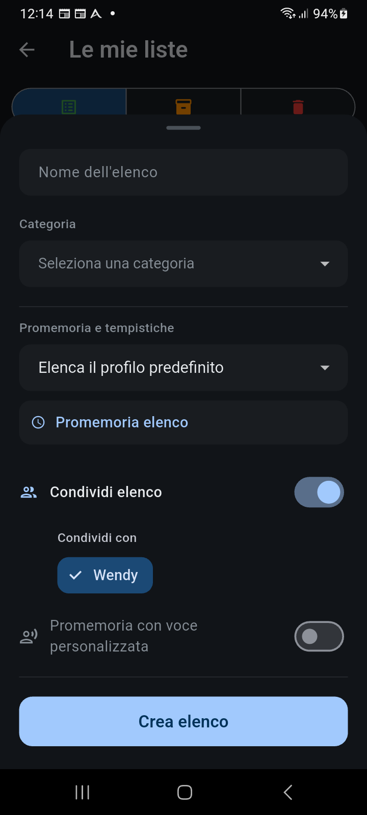 Scheda di Creazione e Configurazione Lista di Ancora con interruttore Condividi lista attivato e badge del familiare selezionato