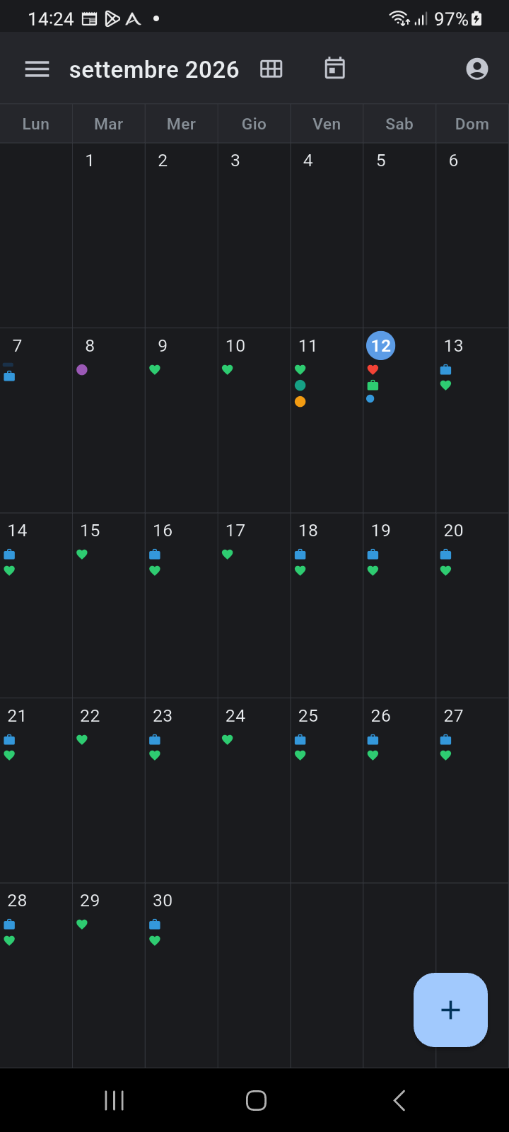Vista Mensile di Ancora che mostra la matrice del calendario a 7 colonne con indicatori di densità degli eventi ed evidenziazione di oggi