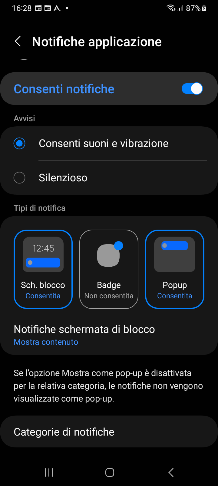 Schermata notifiche dell'app Ancora nelle Impostazioni Android con interruttore generale, stili di avviso e tipi di notifica