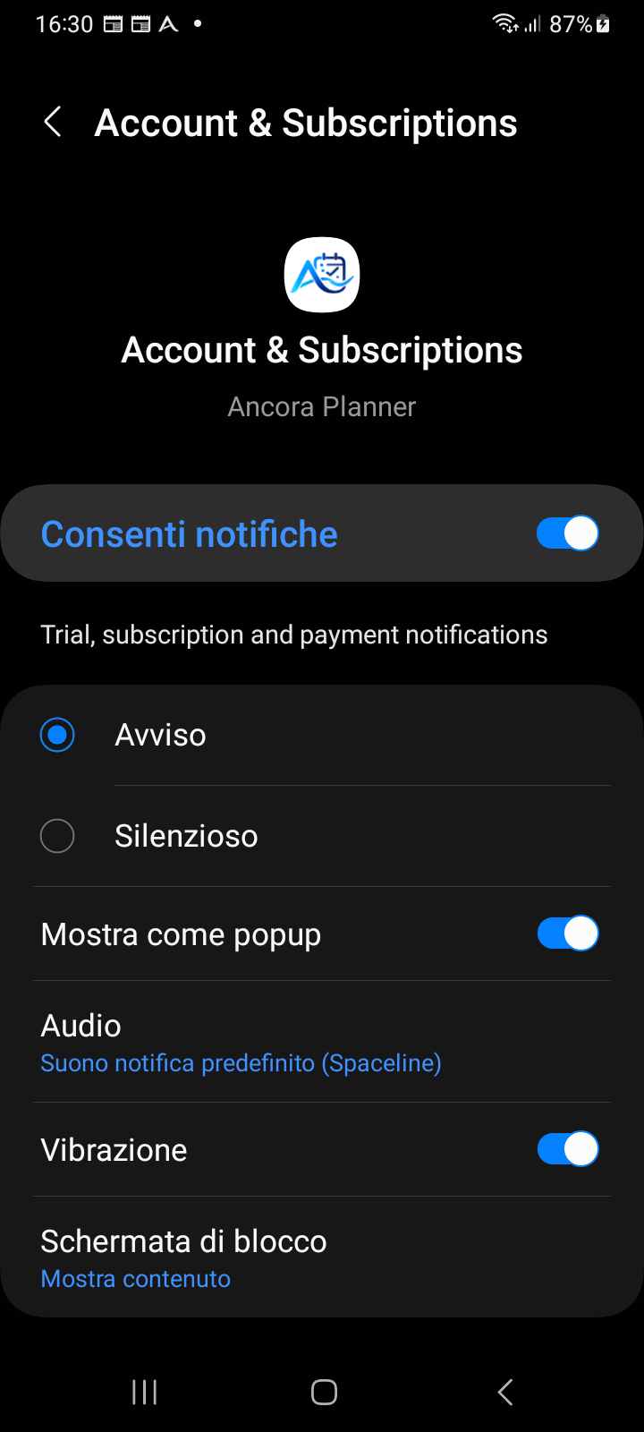 Impostazioni dettagliate del canale di notifica Android con modalità di avviso, banner a comparsa, suoneria personalizzata e vibrazione