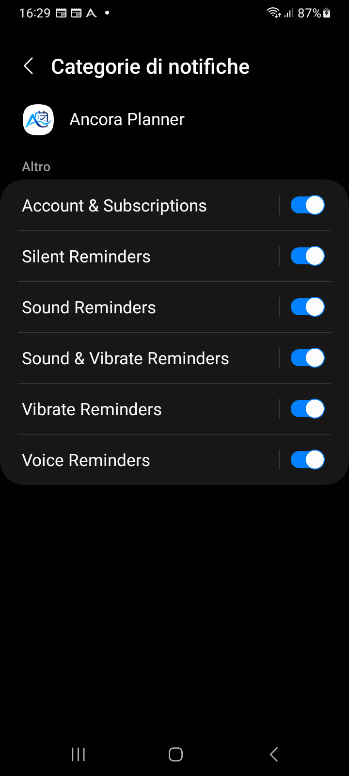 Categorie di notifica Android per Ancora Planner con tutti i 6 canali dedicati di sistema