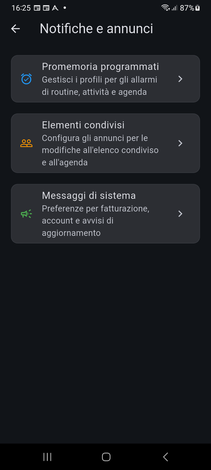 Hub impostazioni Notifiche e Annunci che organizza Promemoria Programmati, Elementi Condivisi e Messaggi di Sistema