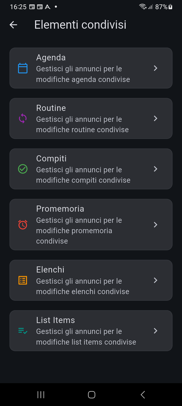 Schermata Elementi Condivisi che elenca tutte le categorie di entità condivise configurabili