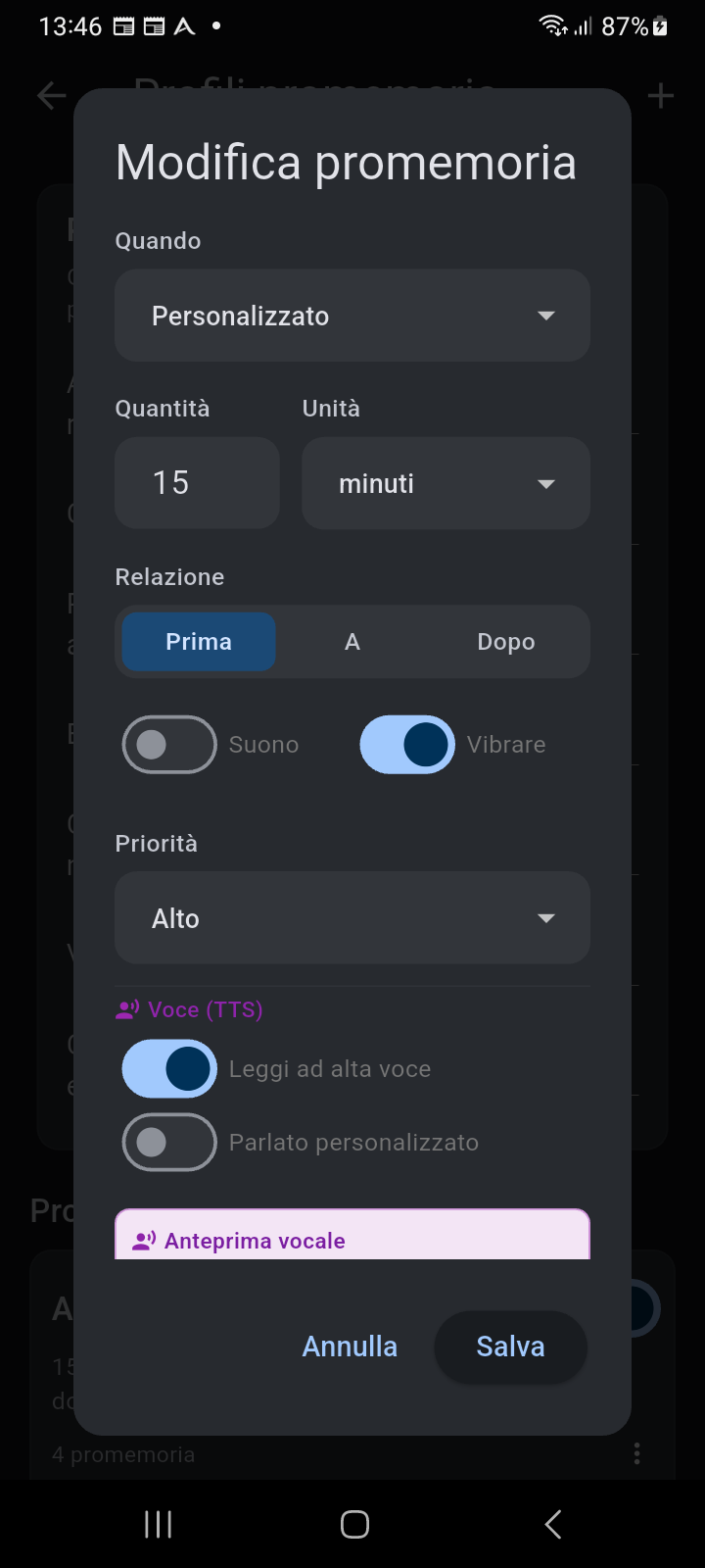 Finestra di dialogo intervallo Modifica Promemoria di Ancora che mostra quando, relazione, suono, vibrazione, priorità e opzioni vocali TTS