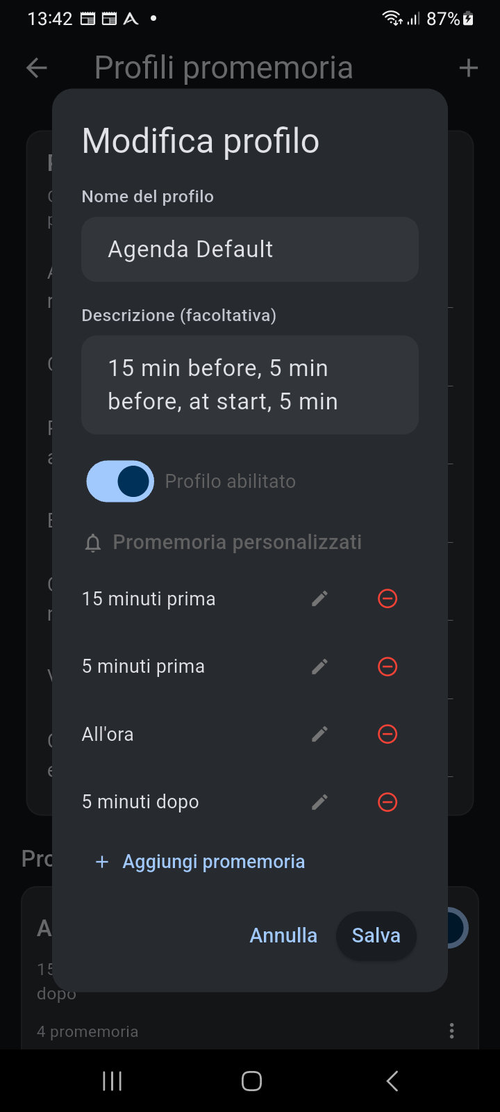 Finestra di dialogo Modifica Profilo di Ancora con nome, descrizione, interruttore generale e promemoria personalizzati concatenati