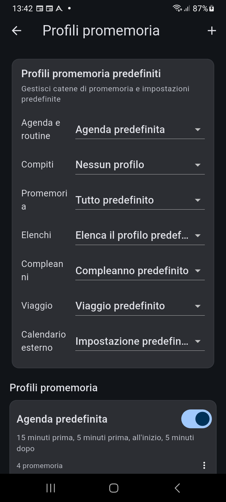 Schermata Profili Promemoria di Ancora che mostra le assegnazioni dei profili predefiniti e le schede dei profili personalizzati