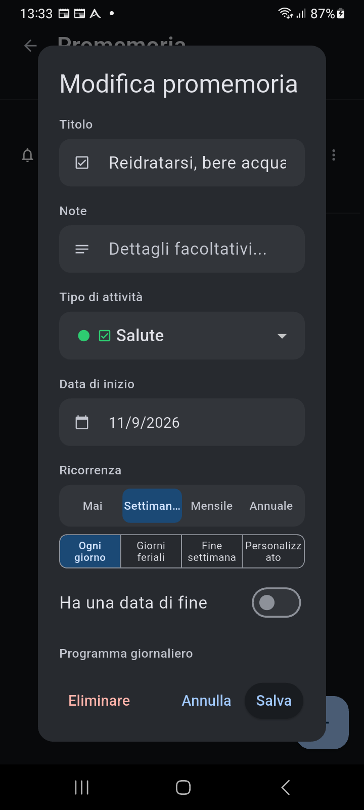Finestra di dialogo Modifica Promemoria di Ancora con titolo, tipo di attività, regole di ricorrenza e orari