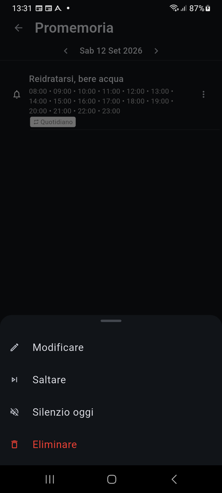 Menu delle azioni a comparsa del Promemoria di Ancora che mostra le opzioni Modifica, Salta, Silenzia oggi ed Elimina