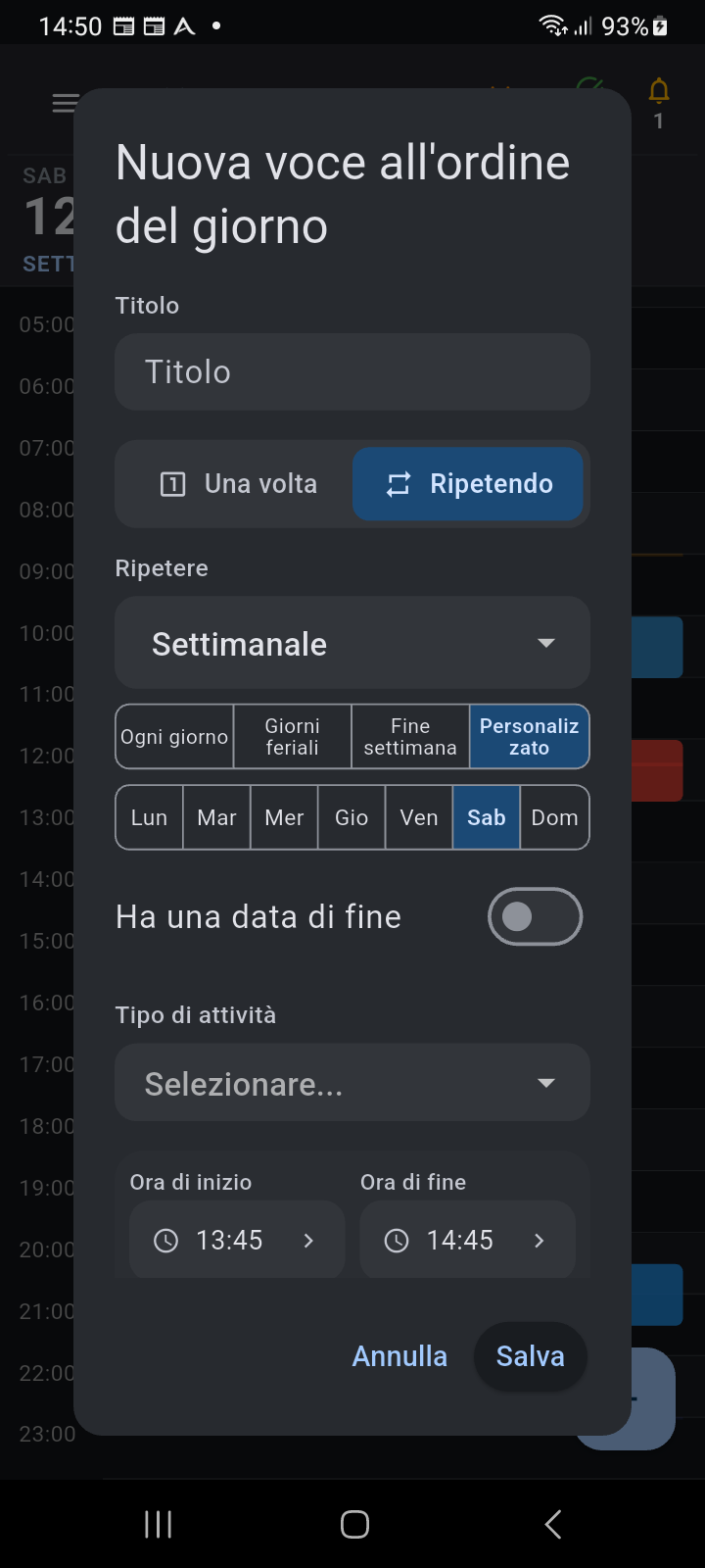 Finestra di dialogo Nuova Voce Agenda di Ancora con Ripetuto selezionato, frequenza di ricorrenza e pulsanti dei giorni della settimana