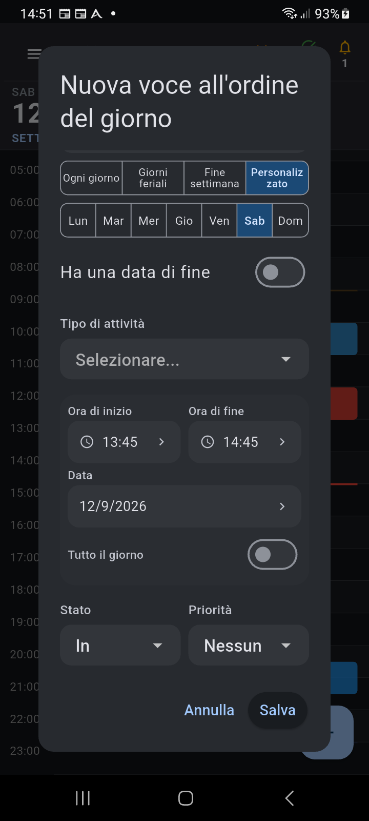 Dettagli del blocco routine di Ancora che mostrano selezione Tipo di Attività, orari di Inizio e Fine, indicatore di colore e assegnazione Profilo Promemoria