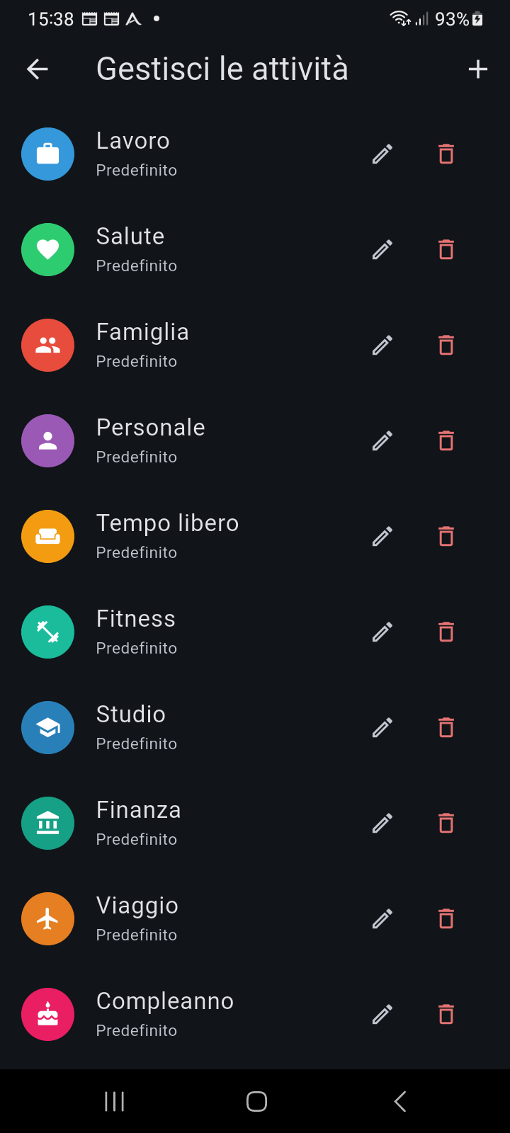 Schermata Gestisci Attività di Ancora con categorie personalizzabili, tavolozze colori, icone e profili promemoria collegati