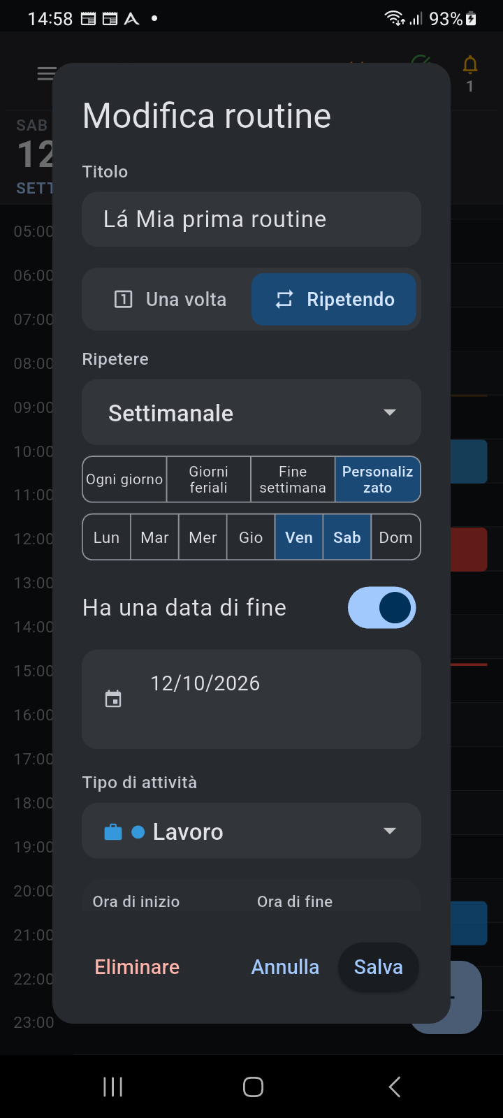 Finestra di dialogo Modifica Routine di Ancora con regole di ricorrenza attive, orari pianificati, categoria di attività e pulsanti di azione