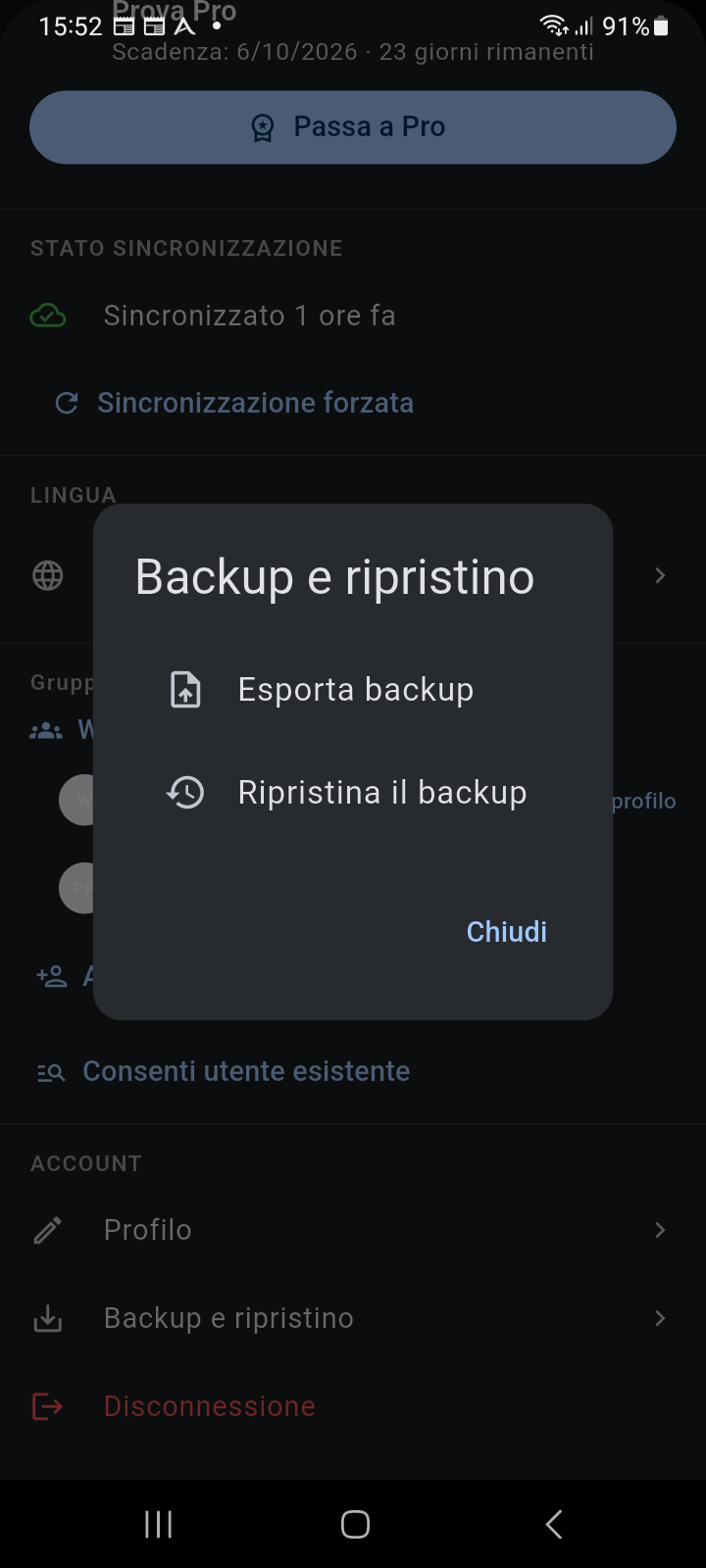 Finestra di dialogo modale Backup e Ripristino con opzioni Esporta backup e Ripristina backup