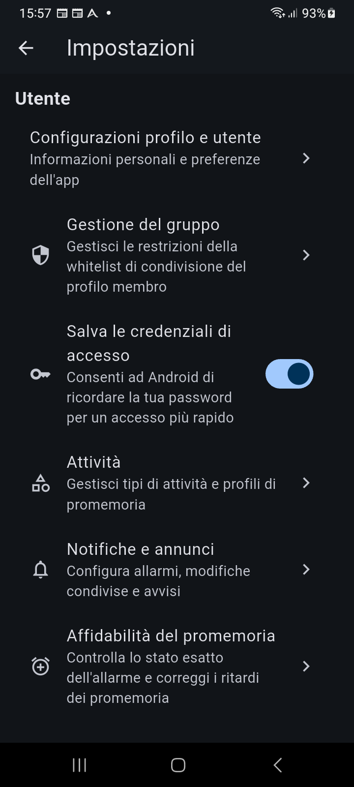 Schermata Impostazioni che mostra l'interruttore Salva credenziali di accesso, e i riquadri Attività, Notifiche e Affidabilità dei Promemoria