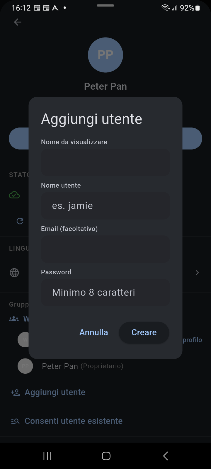 Finestra modale Aggiungi Utente per la configurazione di un componente del nucleo familiare a carico