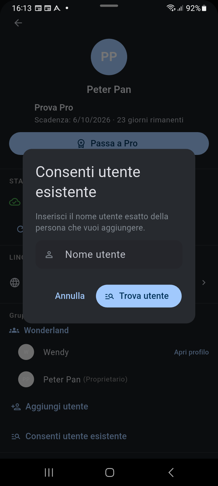 Finestra modale Consenti Utente Esistente per invitare utenti registrati indicando l'esatto nome utente