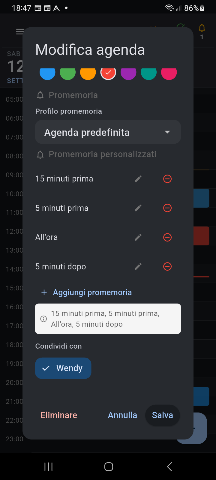 Finestra di dialogo Modifica Agenda che mostra la sezione Condividi con il chip di Wendy selezionato