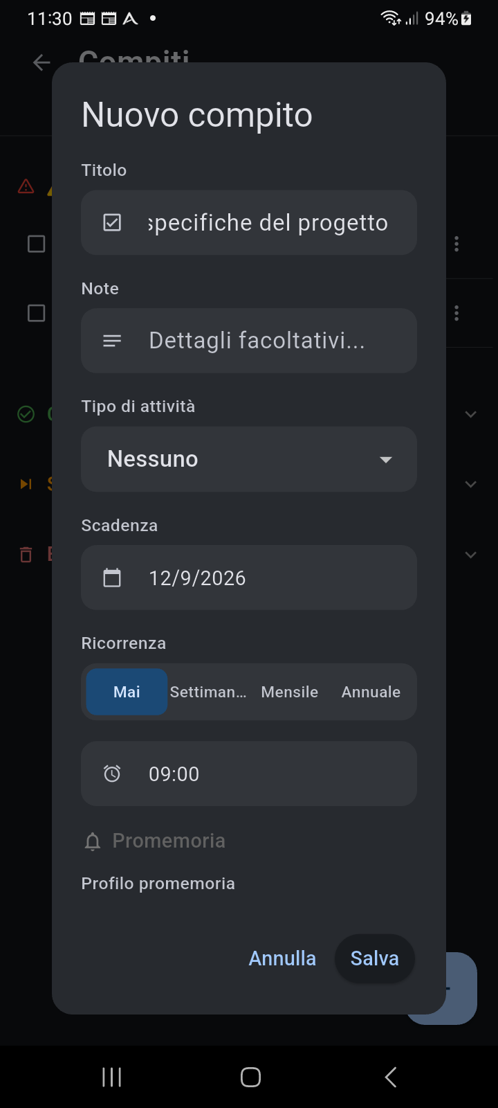 Finestra di Creazione Nuova Attività di Ancora