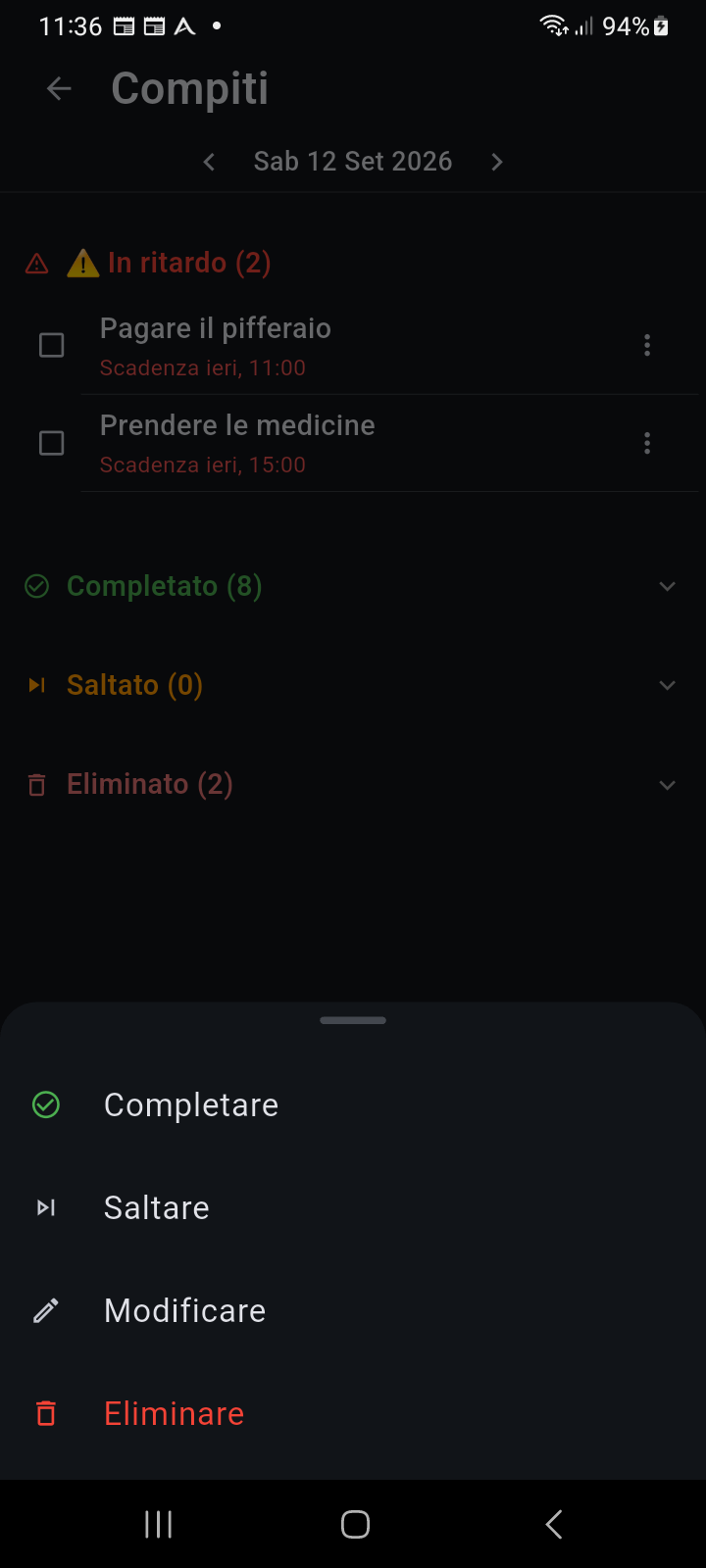 Scheda Opzioni Azione Attività di Ancora che mostra le azioni Completa, Salta, Modifica ed Elimina