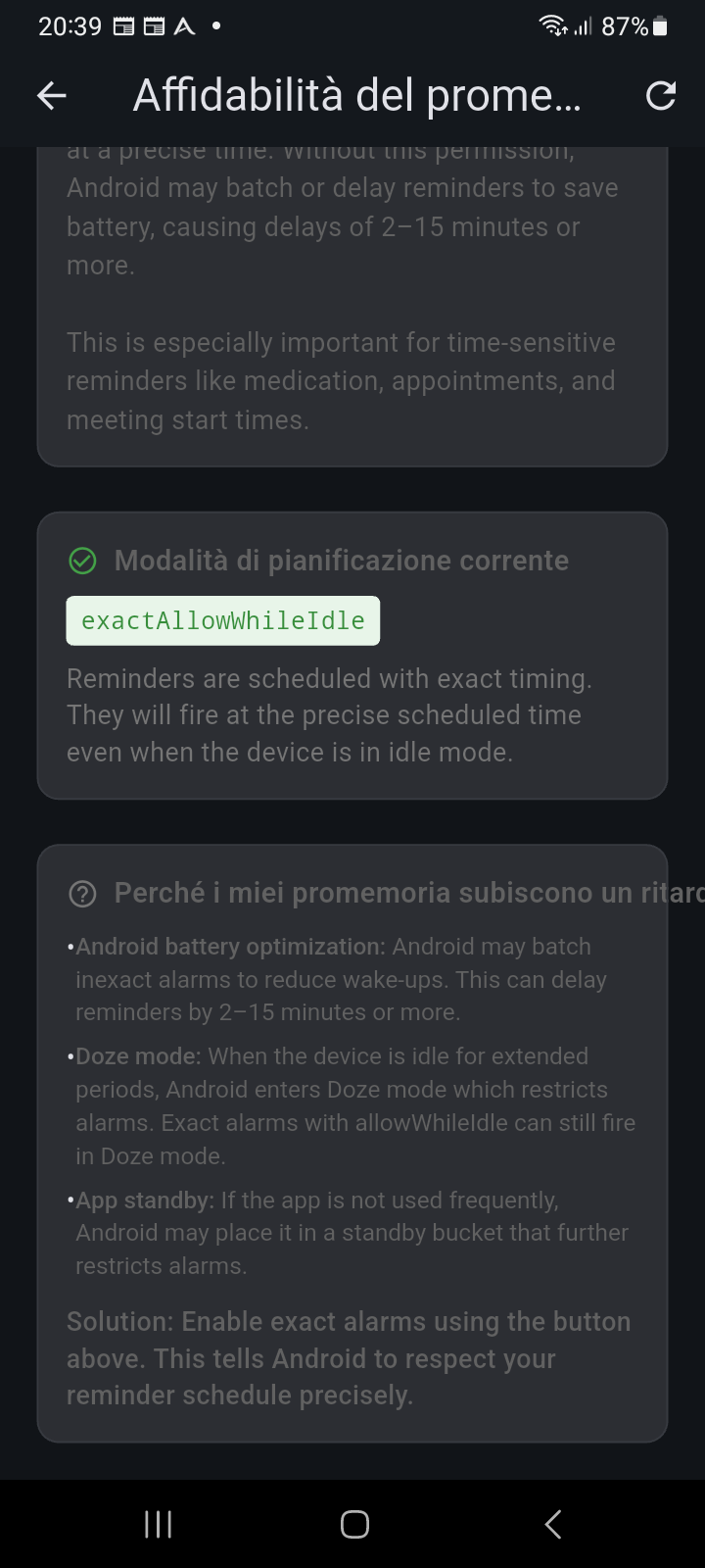 Scheda diagnostica di Affidabilità dei Promemoria che spiega l'ottimizzazione della batteria, la modalità Doze e le classi di standby delle app