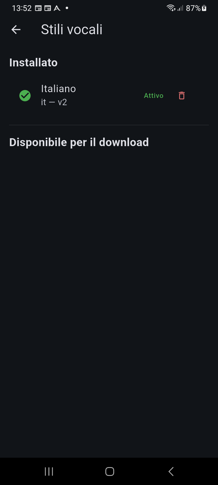 Catalogo Stili Vocali che mostra il pacchetto vocale attivo installato e il catalogo dei download disponibili