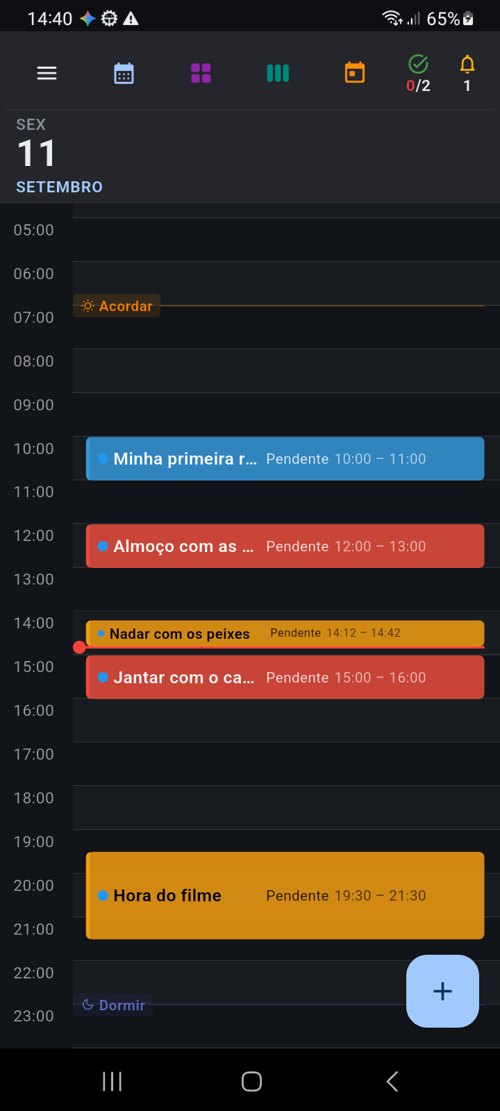 Linha do tempo diária do Ancora Planner mostrando atividades, tarefas e lembretes programados