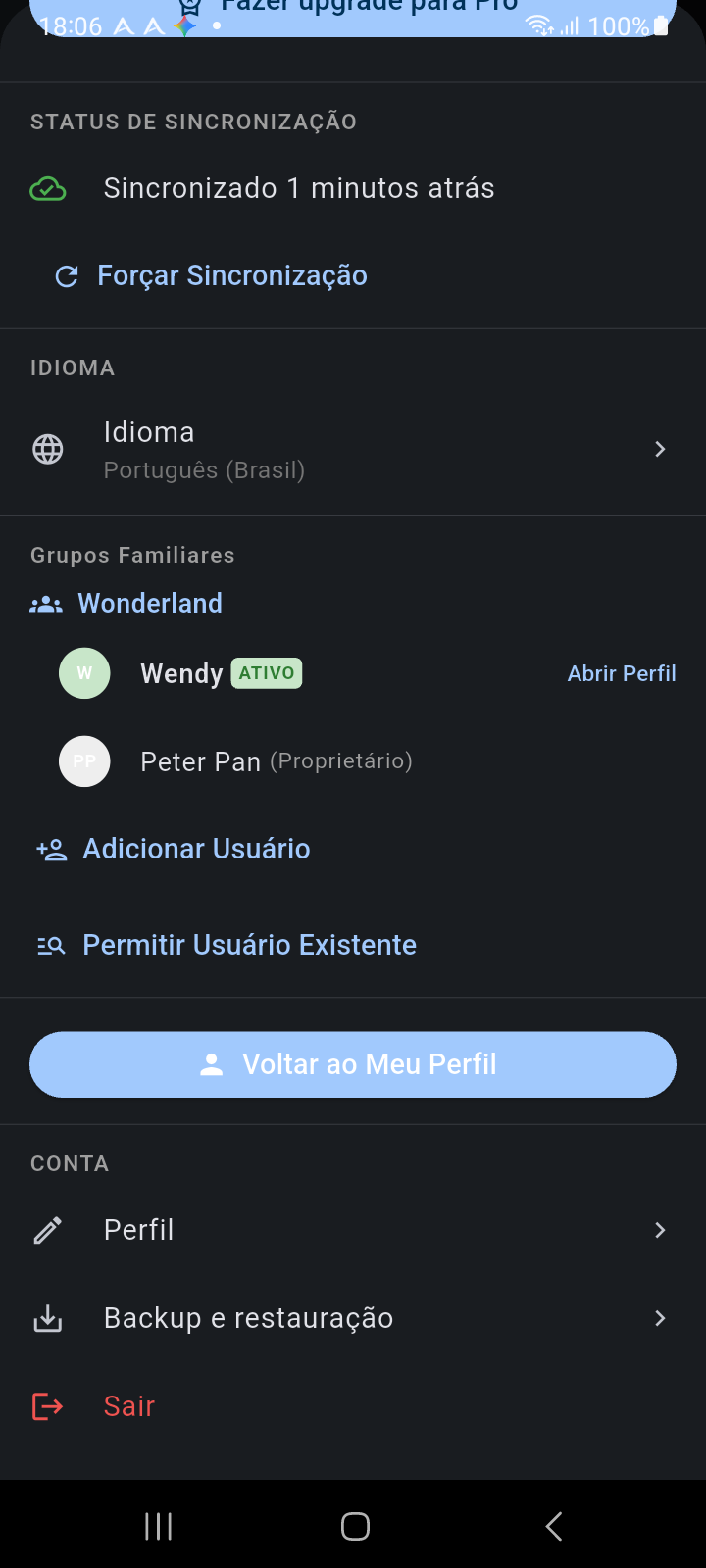 Painel de Conta mostrando o botão de ação Regressar ao Meu Perfil para restauro com um toque