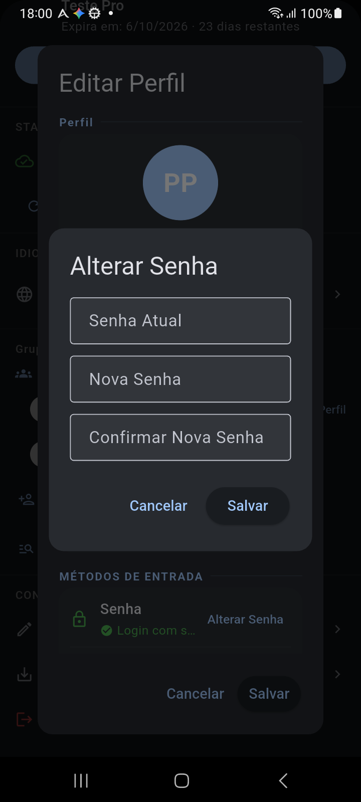 Janela modal Alterar Palavra-passe a solicitar a Palavra-passe Atual, a Nova Palavra-passe e a Confirmação da Nova Palavra-passe