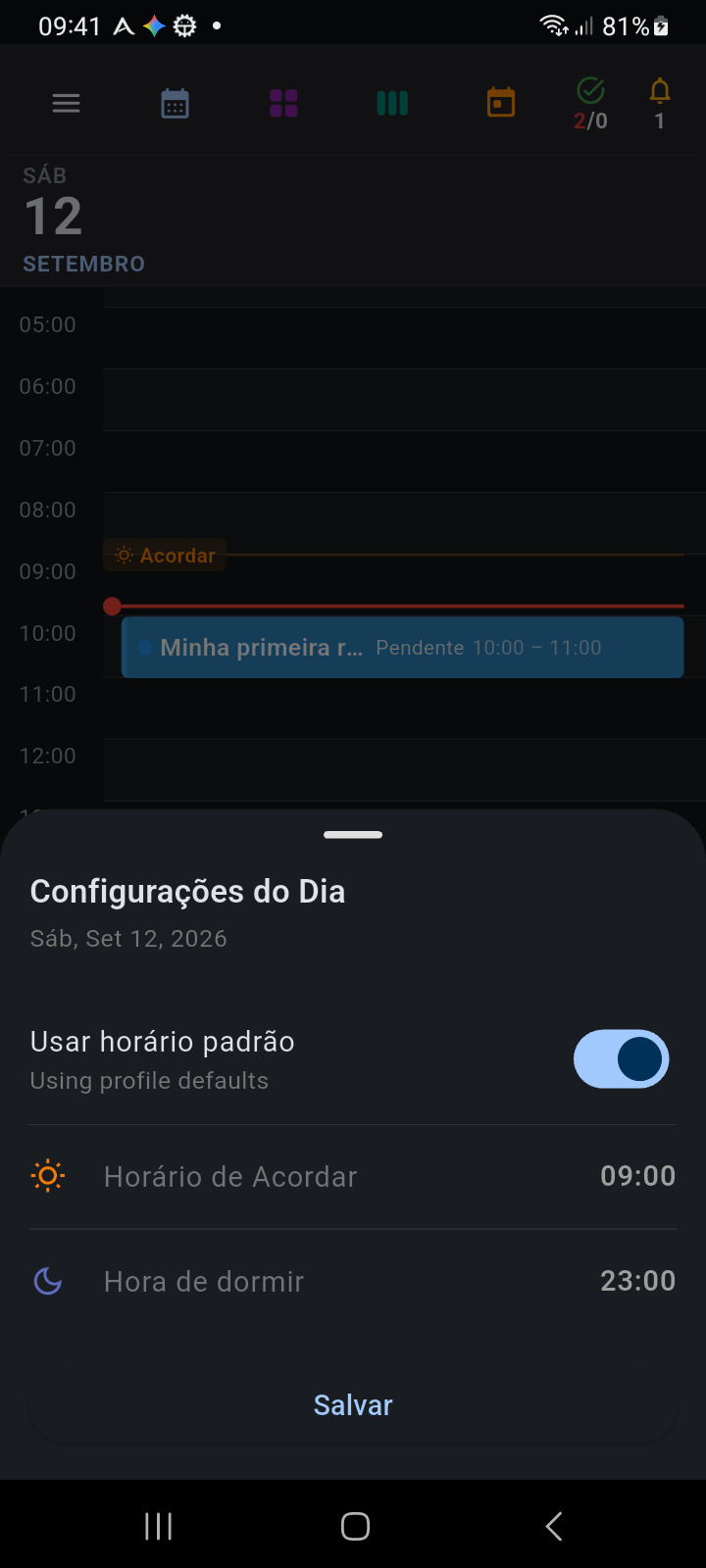 Painel inferior Configurações do Dia com controles personalizados de horário de acordar e dormir