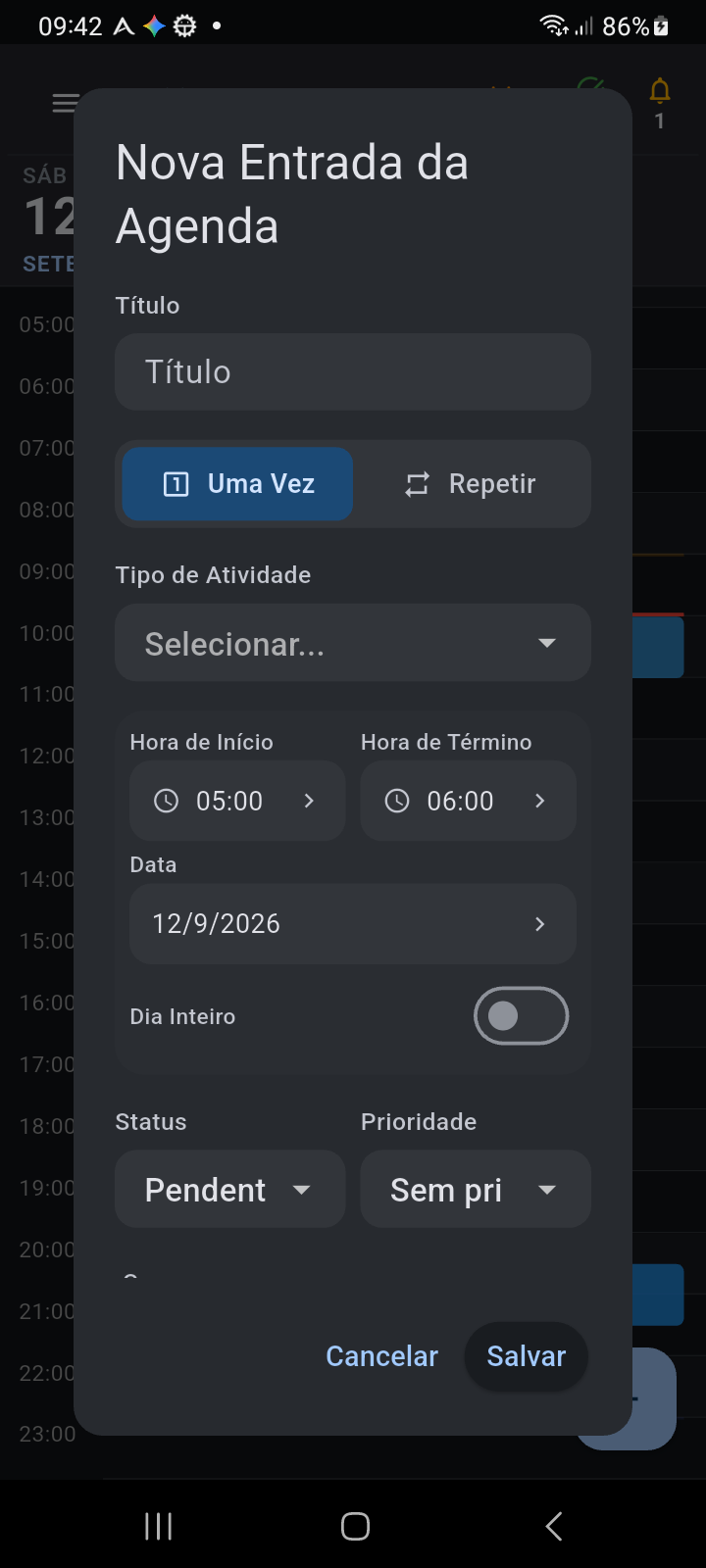 Caixa de diálogo Nova Entrada de Agenda aberta a partir da linha do tempo