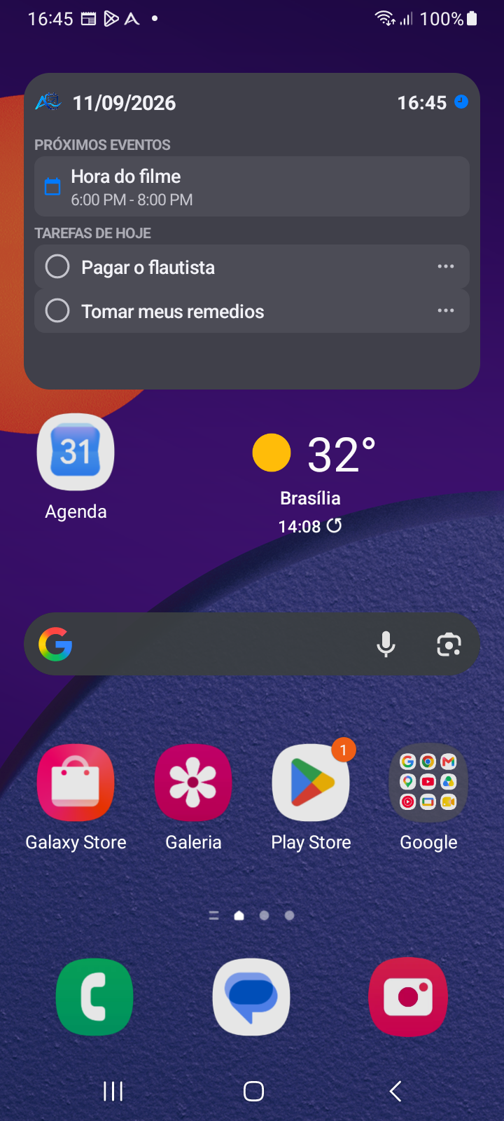 Tela inicial do Android exibindo o widget interativo de relógio e agenda 4x2 do Ancora