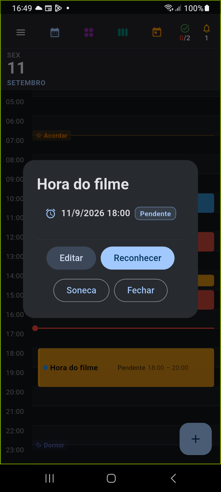 Caixa de diálogo de ação do lembrete de evento aberta diretamente do widget