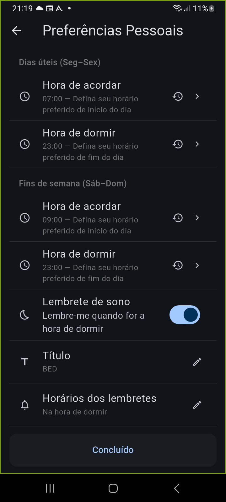 Preferências Pessoais — Cronogramas circadianos de despertar, sono e lembretes