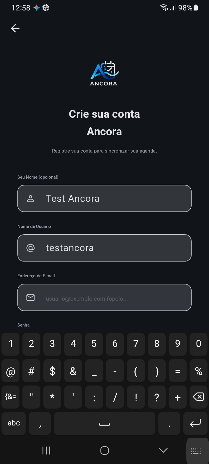 Tela de Registro — Criando uma Conta Ancora