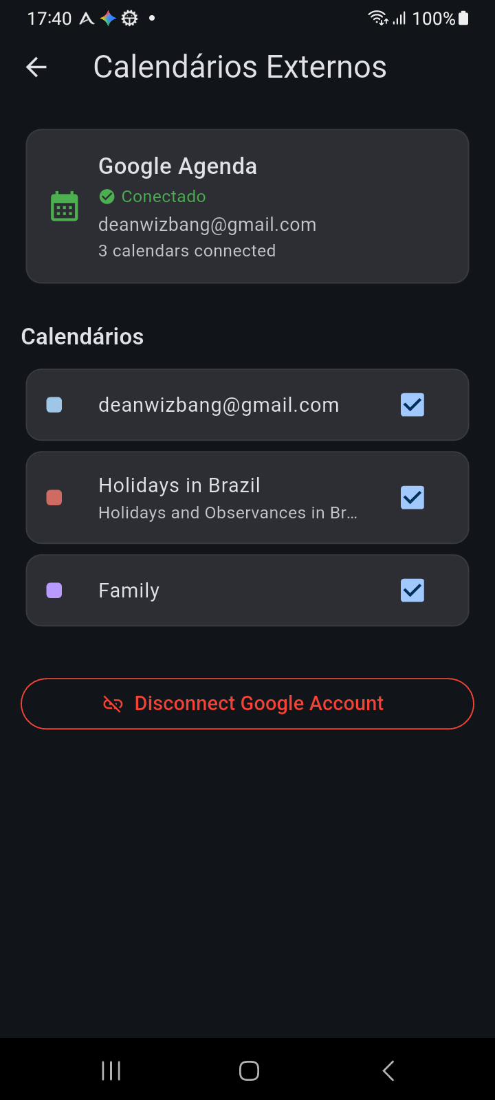 Gerenciador de Calendários Externos com status de conexão do Google, lista de calendários detectados e ação Desconectar