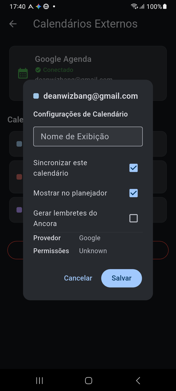 Caixa de diálogo Configurações do Calendário mostrando opções de sincronização, visibilidade no planejador e geração de lembretes
