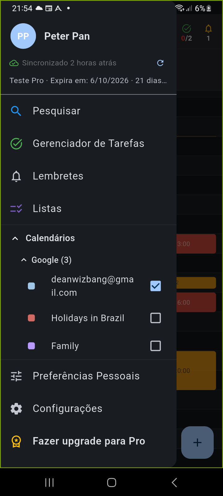 Menu de navegação lateral mostrando a seção expandida do provedor Google com indicadores de cores e controles de visibilidade