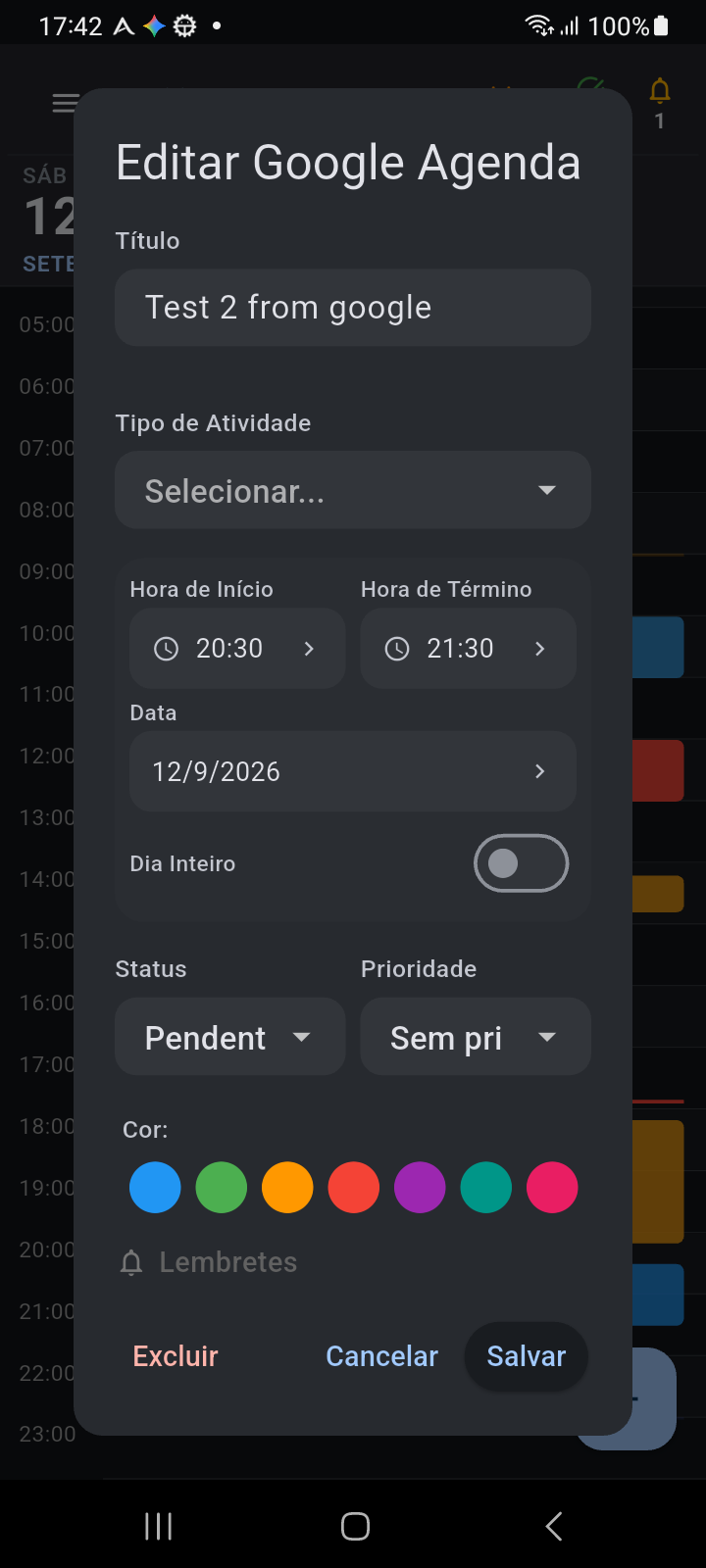Janela modal Editar Google Calendar mostrando campos sincronizados com o Google e configurações de categoria/lembretes específicas do Ancora
