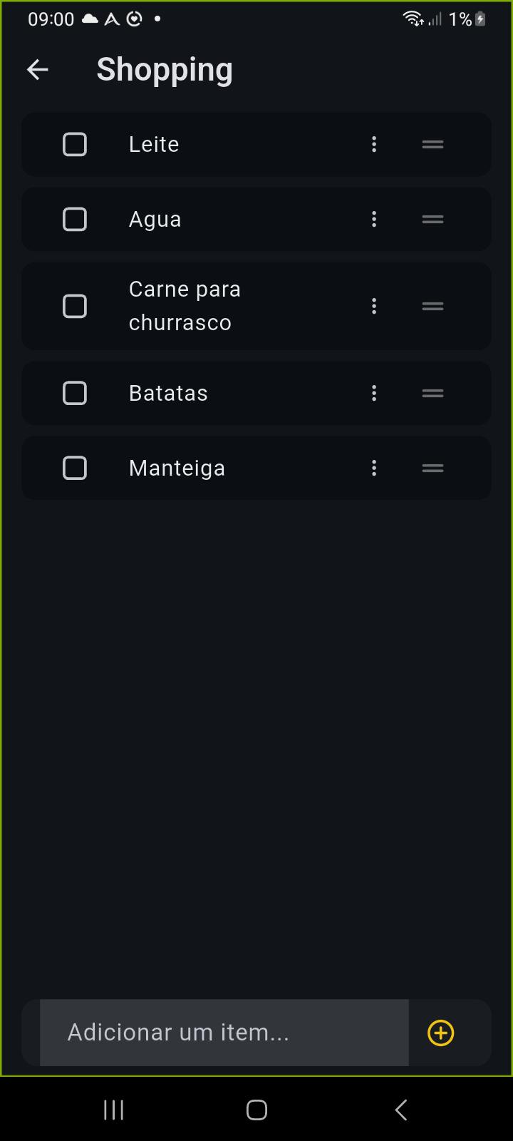 Tela de Itens da Lista de Verificação do Ancora com alças de arrastar e barra inferior de inserção