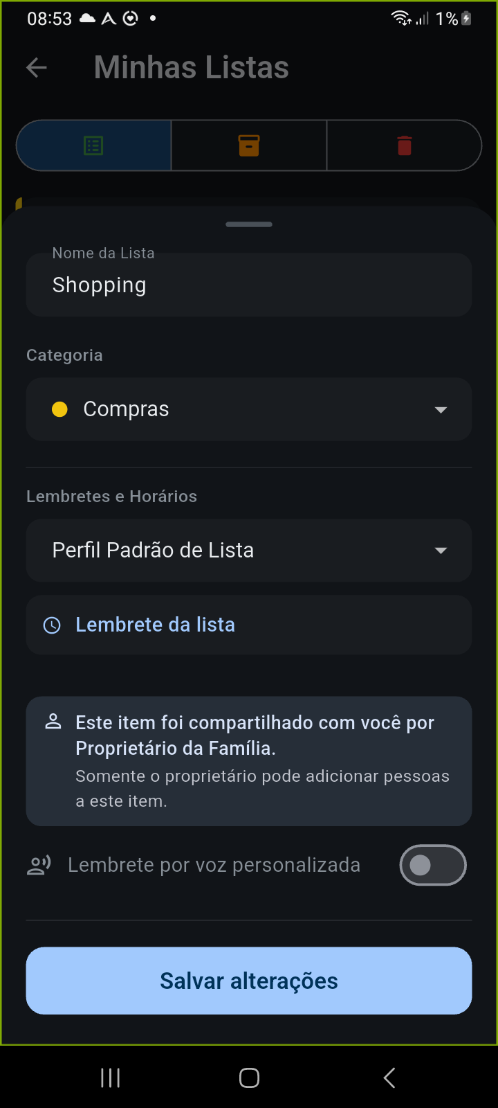 Tela de Configuração de Lista do Ancora exibindo aviso informativo de compartilhamento para colaboradores convidados
