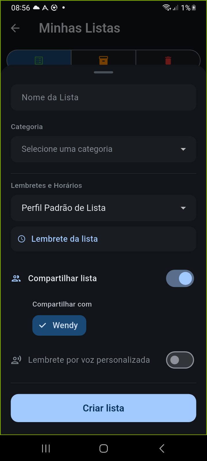 Painel de Criação e Configuração de Lista do Ancora exibindo botão Compartilhar lista ativado e etiqueta de membro da família selecionada