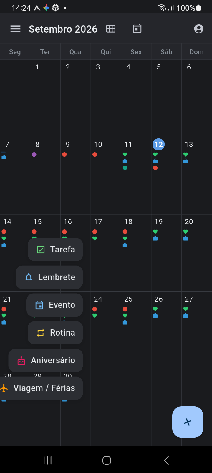 O Botão de Ação Flutuante de Criação Rápida expandido em 6 opções de criação sobre a Visualização Mensal