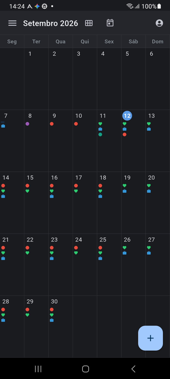 Visualização Mensal do Ancora mostrando a matriz do calendário de 7 colunas com indicadores de densidade de eventos e destaque de hoje