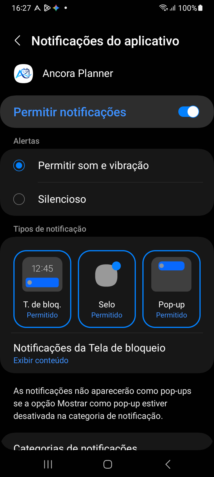 Tela de notificações do app Ancora nas Configurações do Android mostrando alternador principal, estilos de alerta e tipos de notificação