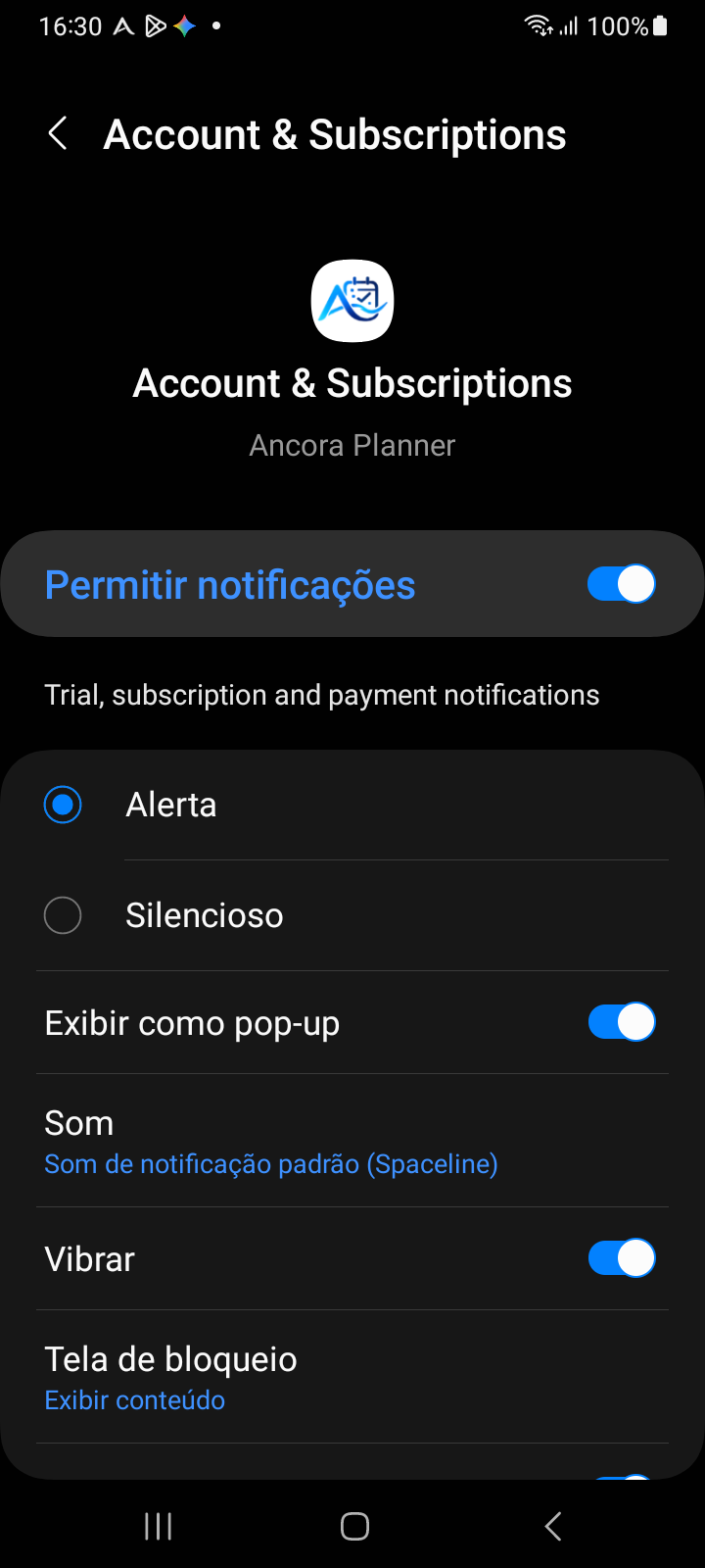 Configurações detalhadas de canais de notificação do Android exibindo modo de alerta, banner pop-up, som personalizado e alternadores de vibração