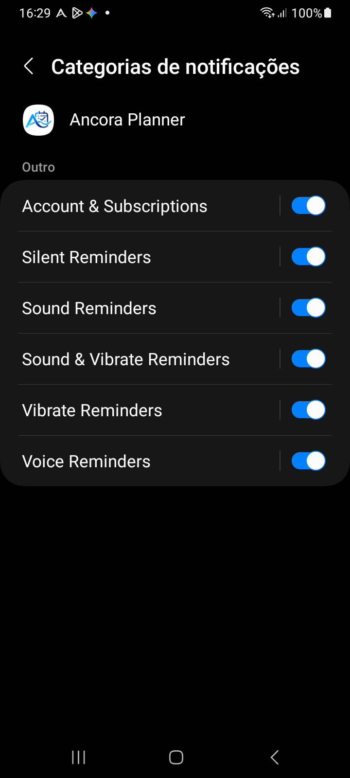 Categorias de Notificação do Android para o Ancora Planner exibindo todos os 6 canais dedicados do sistema