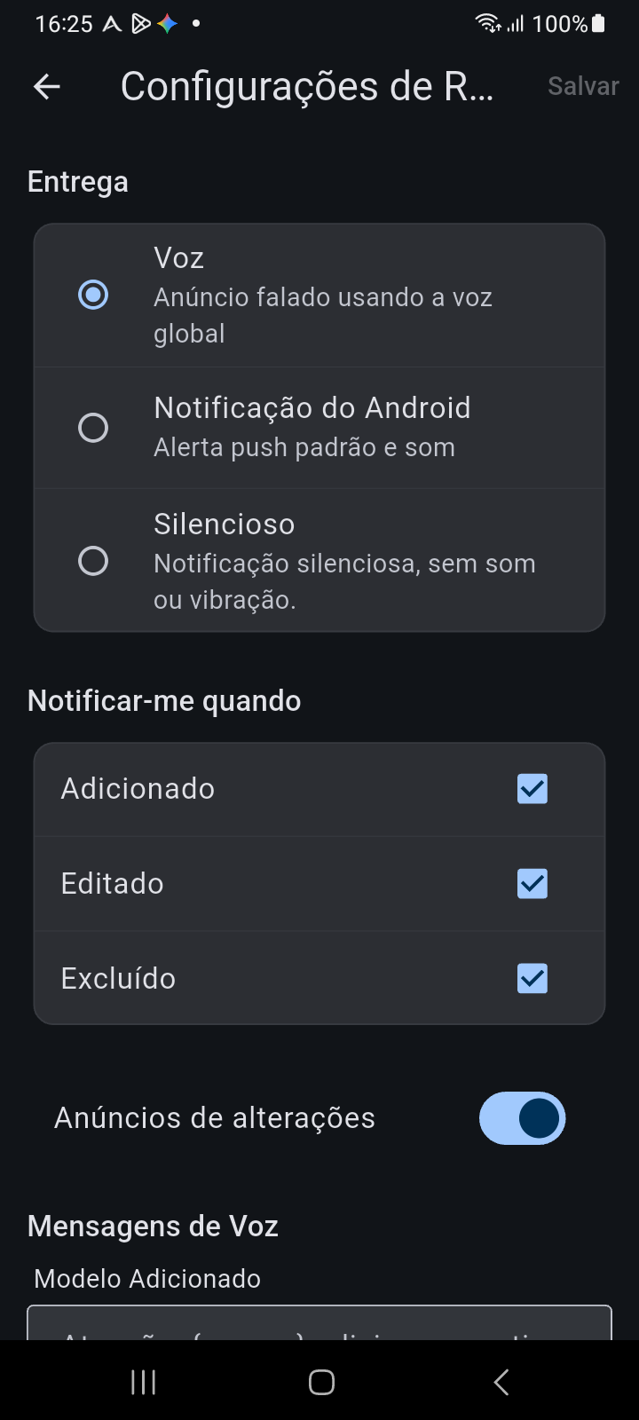 Configurações de notificação da entidade mostrando seleção do Modo de Entrega, caixas de seleção de gatilhos de eventos e modelos de fala personalizáveis