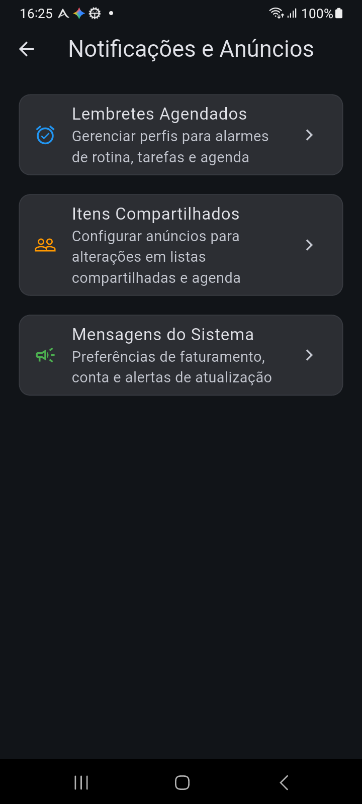 Central de configurações de Notificações e Avisos organizando Lembretes Agendados, Itens Compartilhados e Mensagens do Sistema