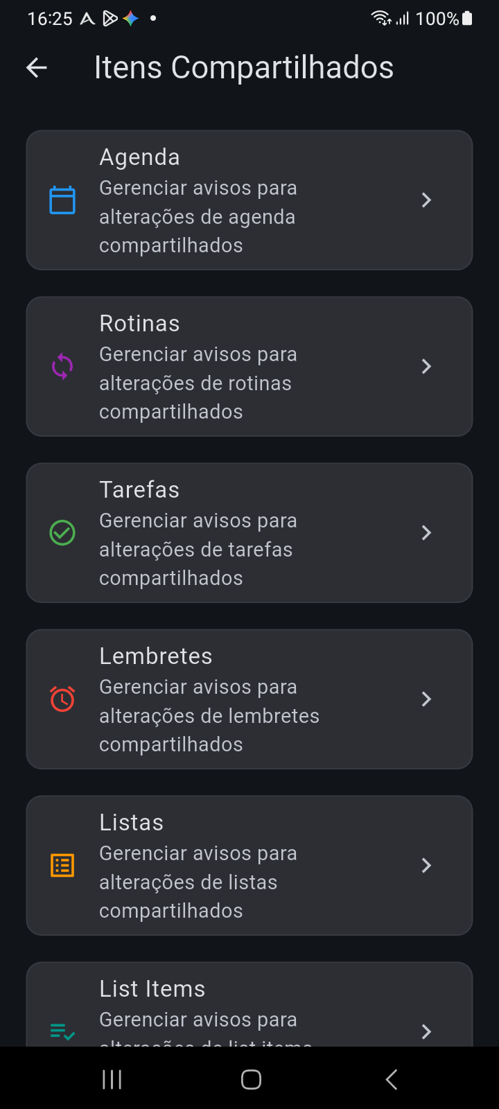 Tela de Itens Compartilhados listando todas as categorias de entidades compartilhadas configuráveis