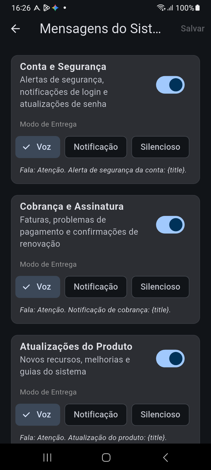 Tela de configurações de Mensagens do Sistema exibindo cartões de categorias, interruptores principais, opções de modo de entrega e prévias de frases faladas